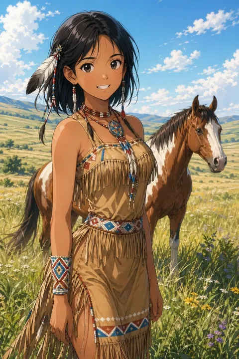 Native Maiden and Pinto Horse Portrait