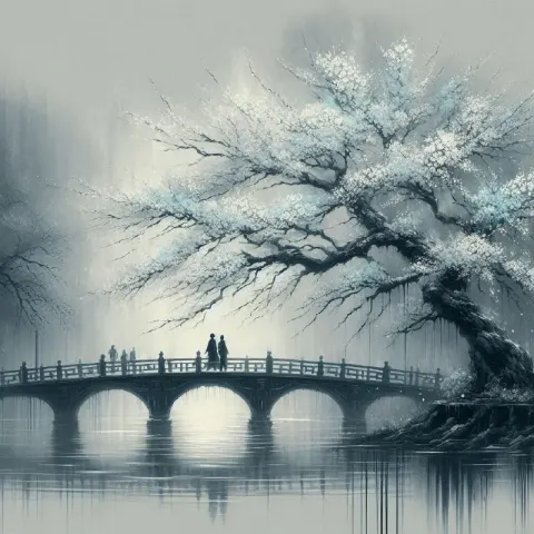 Couple Crossing Bridge Under Cherry Blossom Painting