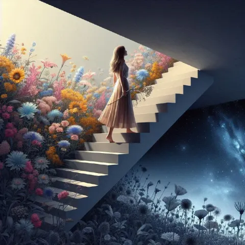 Surreal Girl on Staircase Amid Blooming Wildflowers