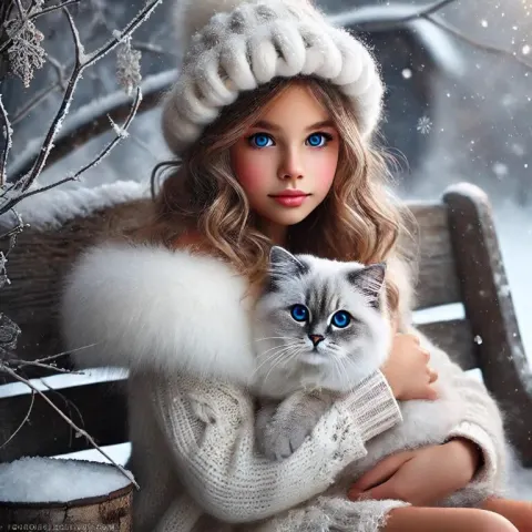 Winter Portrait of Girl with Cat