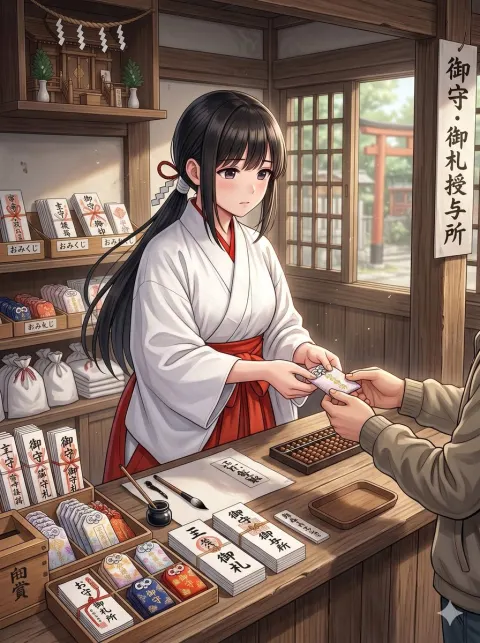 Shrine Maiden Handing Omamori Charm