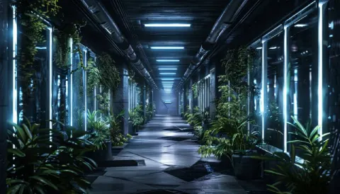 Overgrown Sci-Fi Corridor With Blue Lights Underground