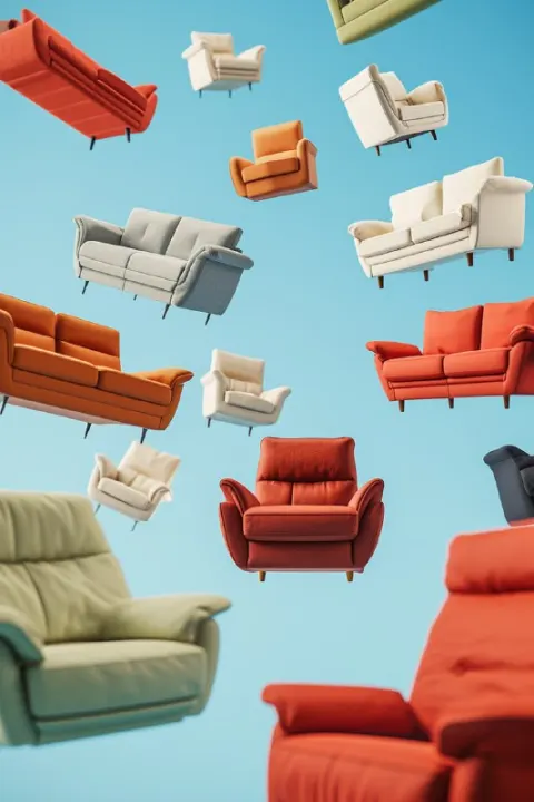 Modern Sofas and Armchairs Flying Into the Sky