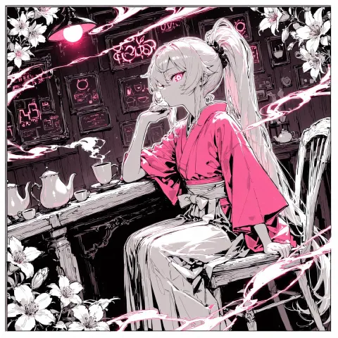 Cyberpunk Tea Room Pink-Eyed Girl