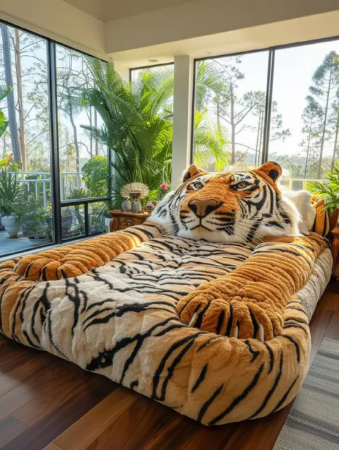 Giant Tiger Shaped Bed With Paws in Bright Bedroom