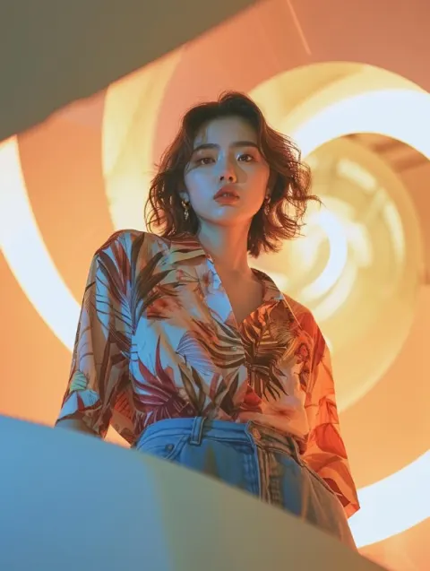 Japanese Girl in Vintage Shirt on White Rotating Steps