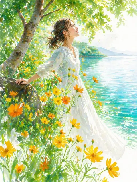 Summer Lakeside Watercolor Girl