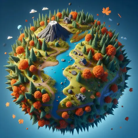 Miniature 3D Autumn Planet With Maple Trees and Lakes