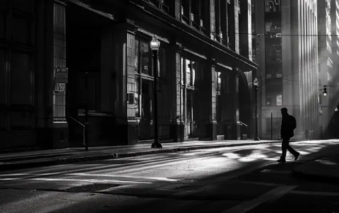 Solitary Pedestrian on Shadowed Black and White Streets