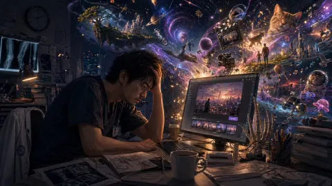 Tired Creator Amid Digital Imagination Explosion