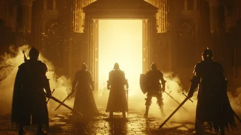 Five Silhouetted Knights Facing Sunlit Open Door