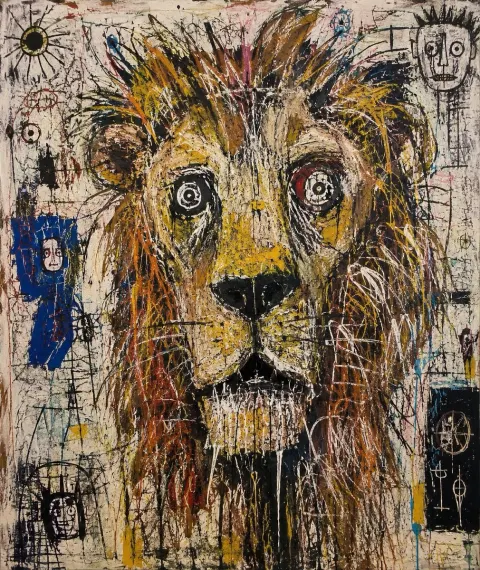 Raw Neo-Expressionist Lion Graffiti Art
