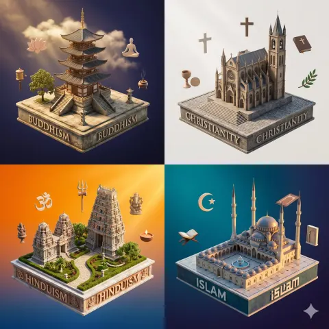 World Religions Isometric Diorama Art