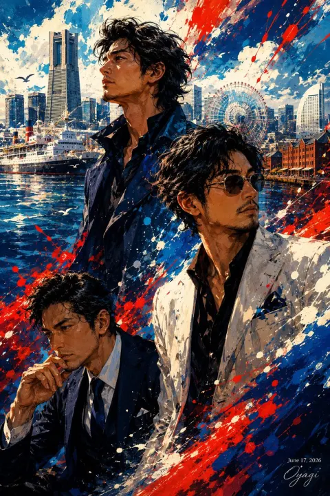 Yokohama Three Men Sunset