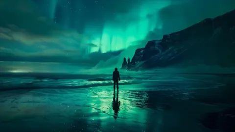 Northern Lights Reflected in Icelandic Beach Waves