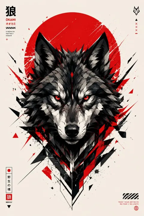 Geometric Wolf Crimson Sun