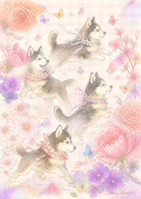 Dreamy Spring Husky Watercolor Puppies
