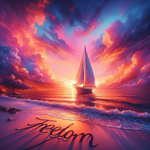 Lone Sailboat Gliding at Vibrant Sunset Beach