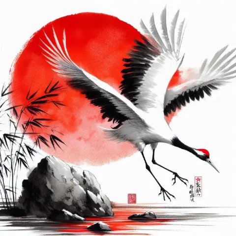 Red-Crowned Crane Descending Ink Wash With Red Sun