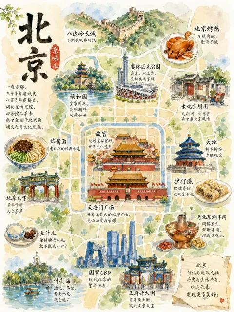Hand-Painted Beijing Travel Map Poster