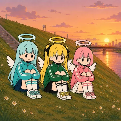 Chibi Angel Girls at Sunset Riverside