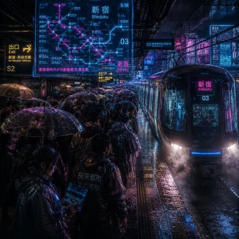 Cyberpunk Rainy Night Train Platform