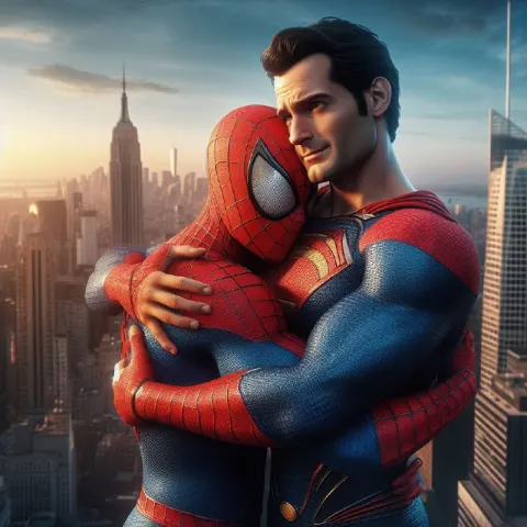 Superman Hugging Spiderman Hyperrealistic UHD Art