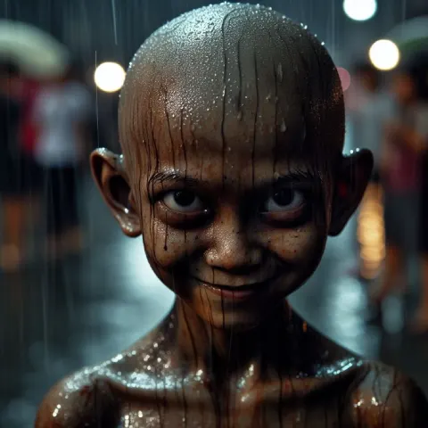 Smirking Boy With Evil Eyes on Dark Rainy Street