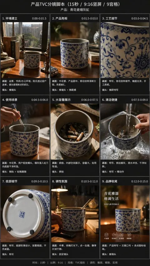 Blue Ceramic Ashtray TVC Storyboard Grid