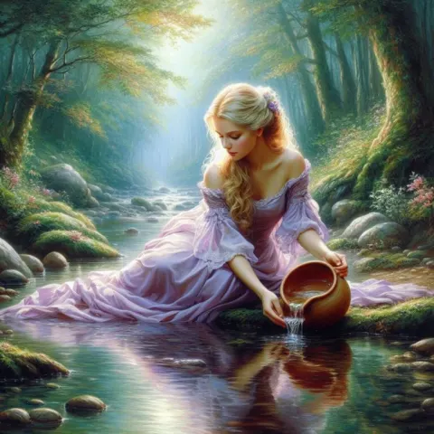 Blonde Woman Kneeling By Stream
