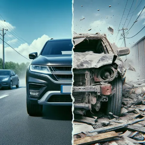 Split-Screen of New Car Versus Aged Destroyed Car