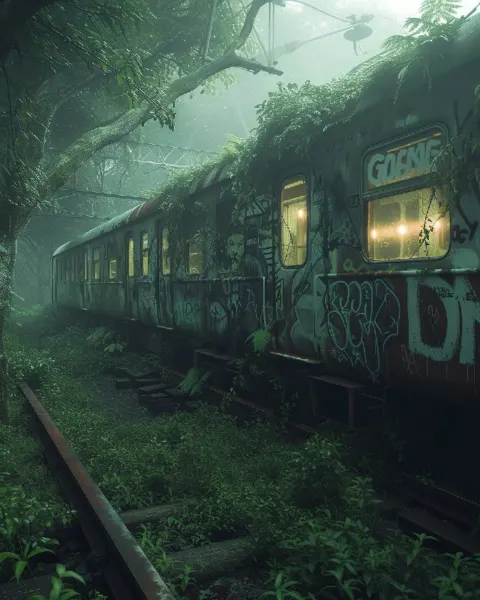 Misty Abandoned Platform With Luminous Graffiti Train