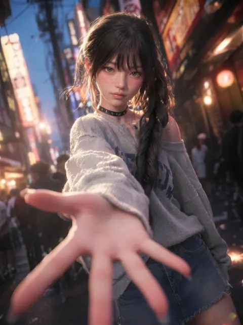 Neon Alley Girl Reaching Hand