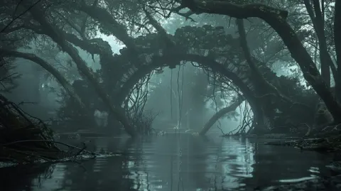 Ancient Arch of Triumph Ruins in Misty Swamp Forest