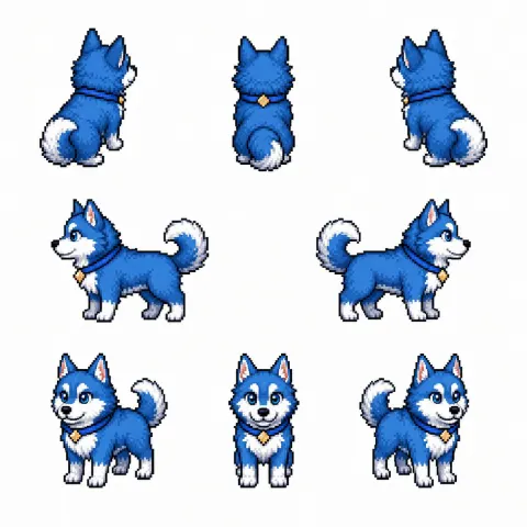 Blue Husky Pixel Art Sprite Sheet