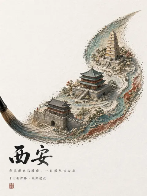 Ancient Xi'an Ink Painting Scroll