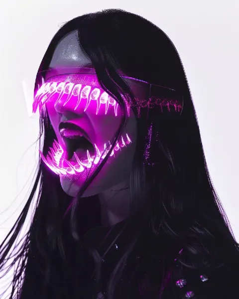 Surreal Woman With Pink Hologram Vampire Fangs