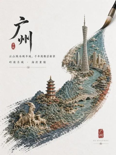 Elegant Guangzhou Ink Brush City Poster