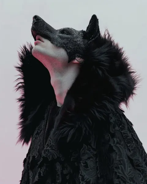 Man With Glass Wolf Head and Black Fur Cape Surreal Fashion