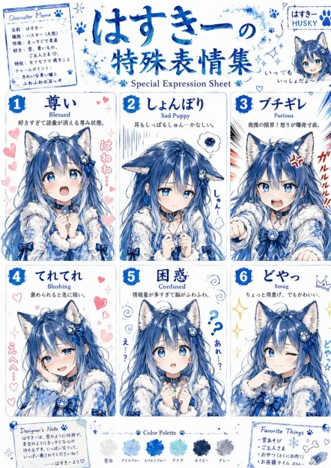 Cute Husky Girl Expression Sheet