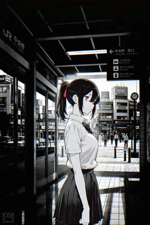Anime Girl at Train Station Entrance