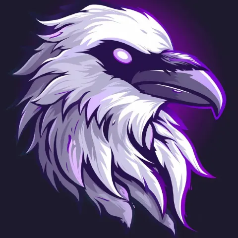 White Raven Logo With Purple Eyes and Feather Streaks