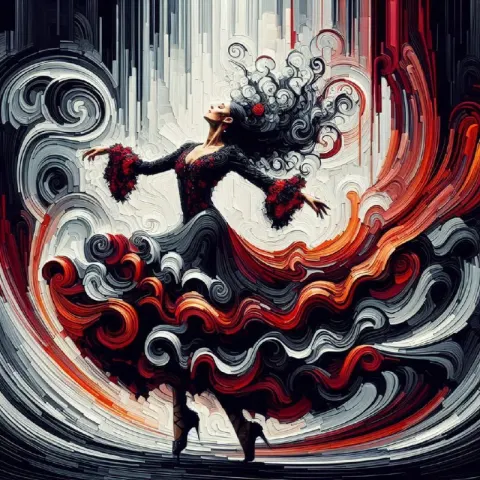 Flamenco Dancer in Swirling Dark Red and Black Painting