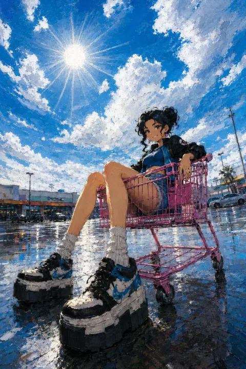 Girl in Pink Shopping Cart Impasto