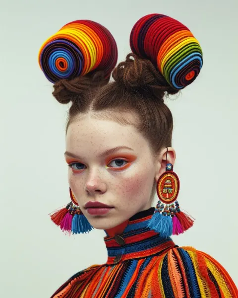 Quirky Supermodel With Big Wacky Earrings and Hair Buns