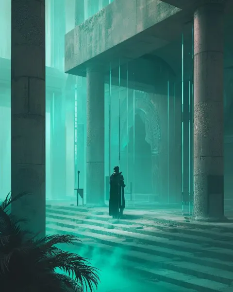 Knight in Brutalist Interior Over Roman Ruins Teal Haze