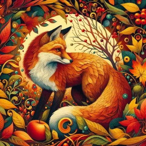 Solitary Fox in Swirling Autumn Forest by Melissa Launay