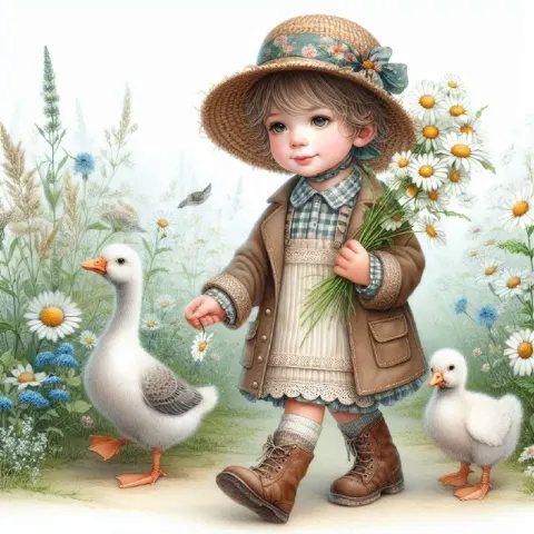 Holly Hobbie Style Boy Walking Geese in Wildflower Field