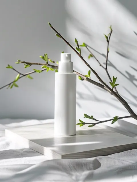 White Makeup Bottle With Green Bud Minimalist Product Shot