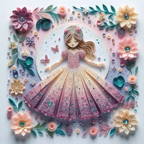 Sequin and Gem Quilling Girl in Flowing Liquid Dress